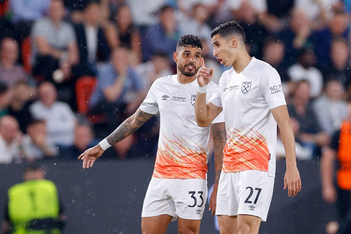 West Ham United FC and Nayef Aguerd of (West Ham United FC to discuss during the UEFA Europa Conference League 2022/23 final match between ACF Fiorentina and West Ham United FC at Eden Arena on June 7, 2023 in Prague, Czech Republic. (Photo by Matteo Ciambelli/DeFodi Images via Getty Images