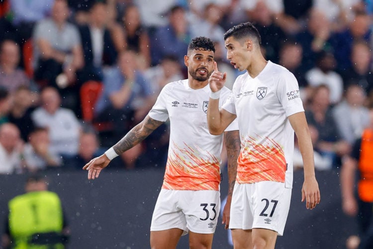 West Ham United FC and Nayef Aguerd of (West Ham United FC to discuss during the UEFA Europa Conference League 2022/23 final match between ACF Fiorentina and West Ham United FC at Eden Arena on June 7, 2023 in Prague, Czech Republic. (Photo by Matteo Ciambelli/DeFodi Images via Getty Images