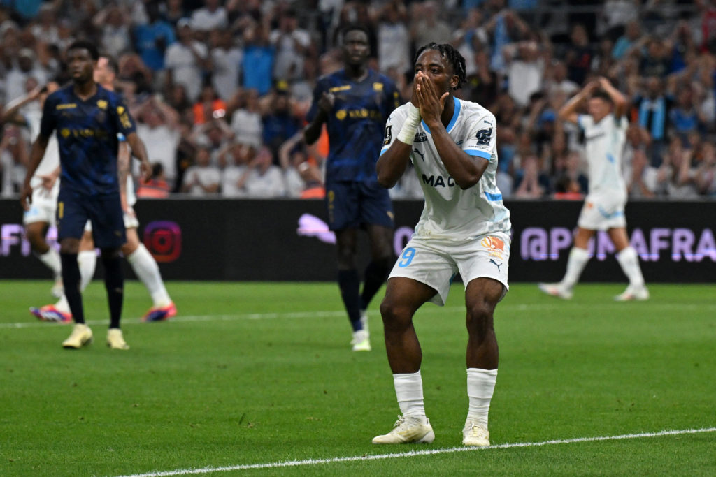 Elye Wahi reacts to a missed chance while playing for Marseille in Ligue 1