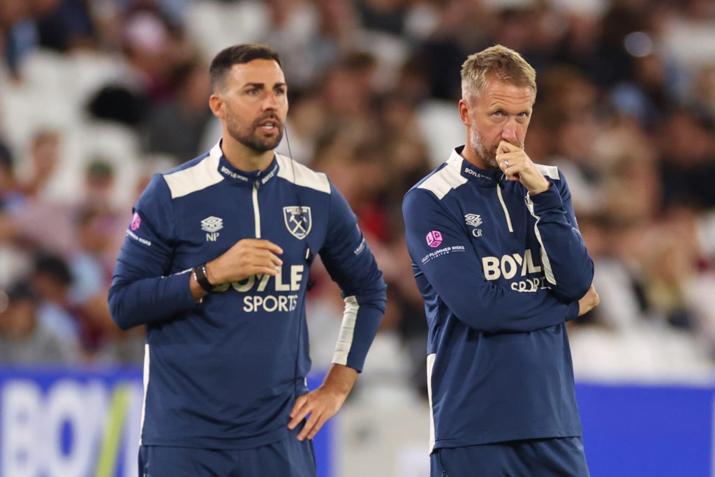Narcis Pelach and Graham Potter look shellshocked on the touchline as West Ham lose 5-1 at home to Chelsea in the Premier League