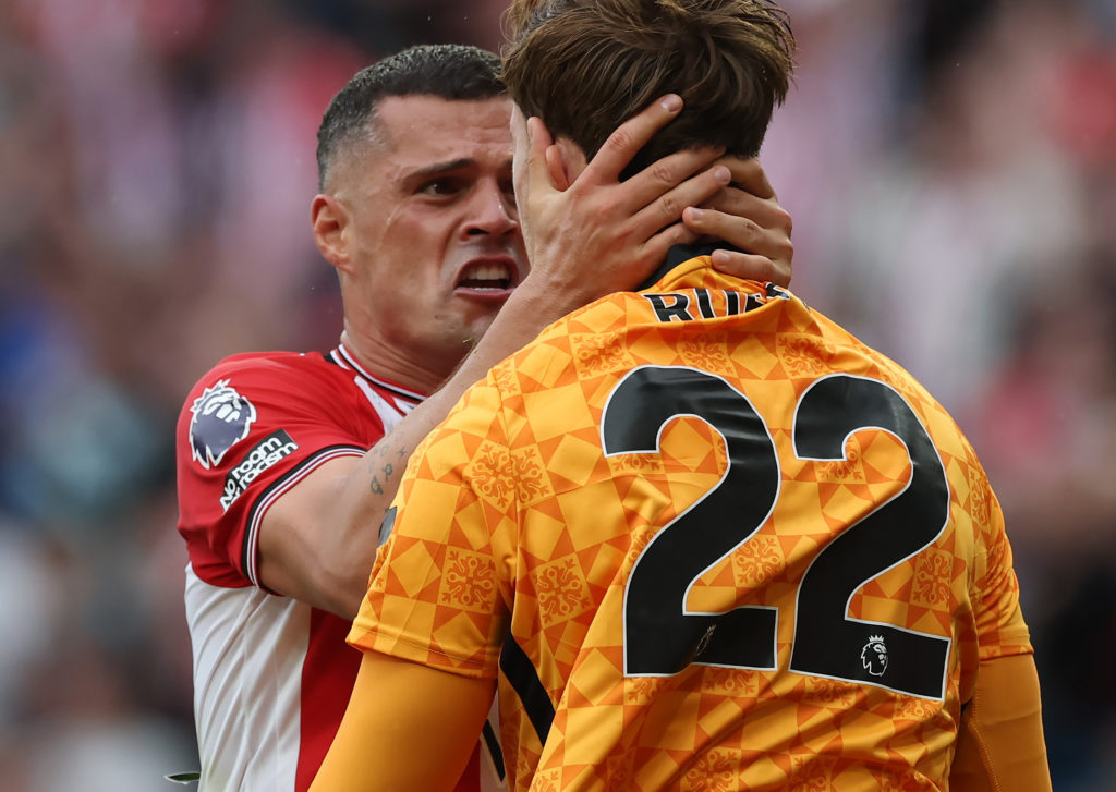 Granit Xhaka and Robin Roefs celebrate during Sunderland v Brentford - Premier League