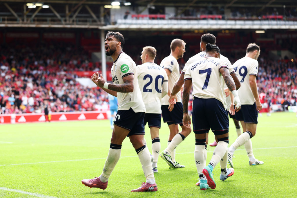 Lucas Paqueta, Crysencio Summerville and Jarrod Bowen celebrate after Nottingham Forest v West Ham United - Premier League