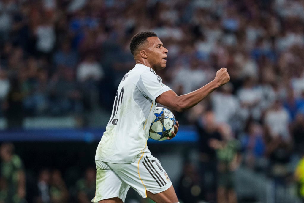 Kylian Mbappe scores during Real Madrid C.F. v Olympique de Marseille - UEFA Champions League 2025/26 League Phase MD1
