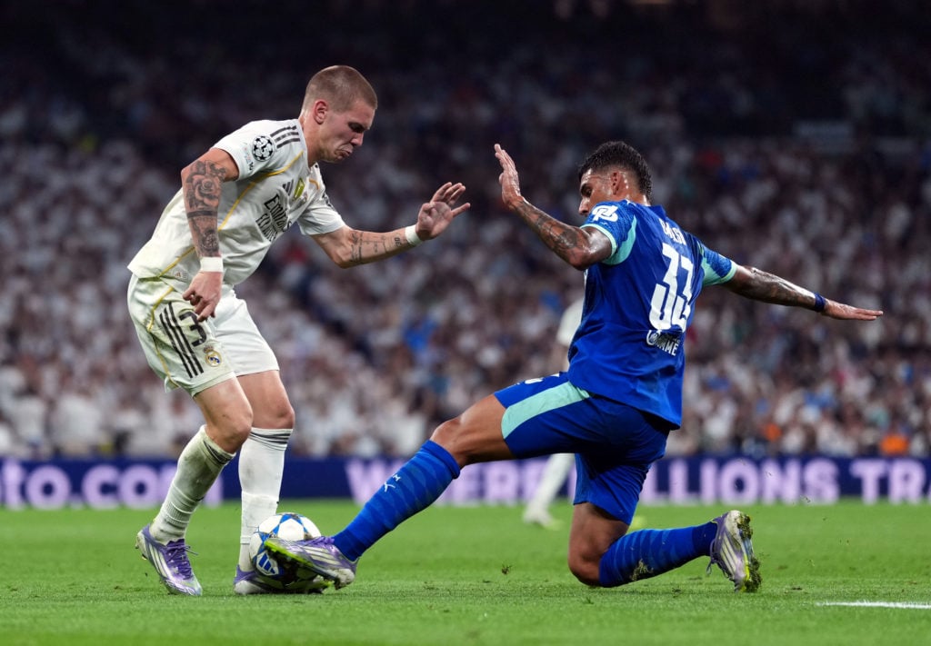 Emerson Palmieri up against Franco Mastantuono during Real Madrid C.F. v Olympique de Marseille - UEFA Champions League 2025/26 League Phase MD1