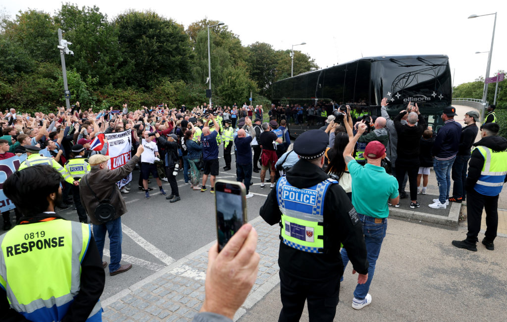 West Ham fans gather to protest outside the London Stadium before the game against Crystal Palace