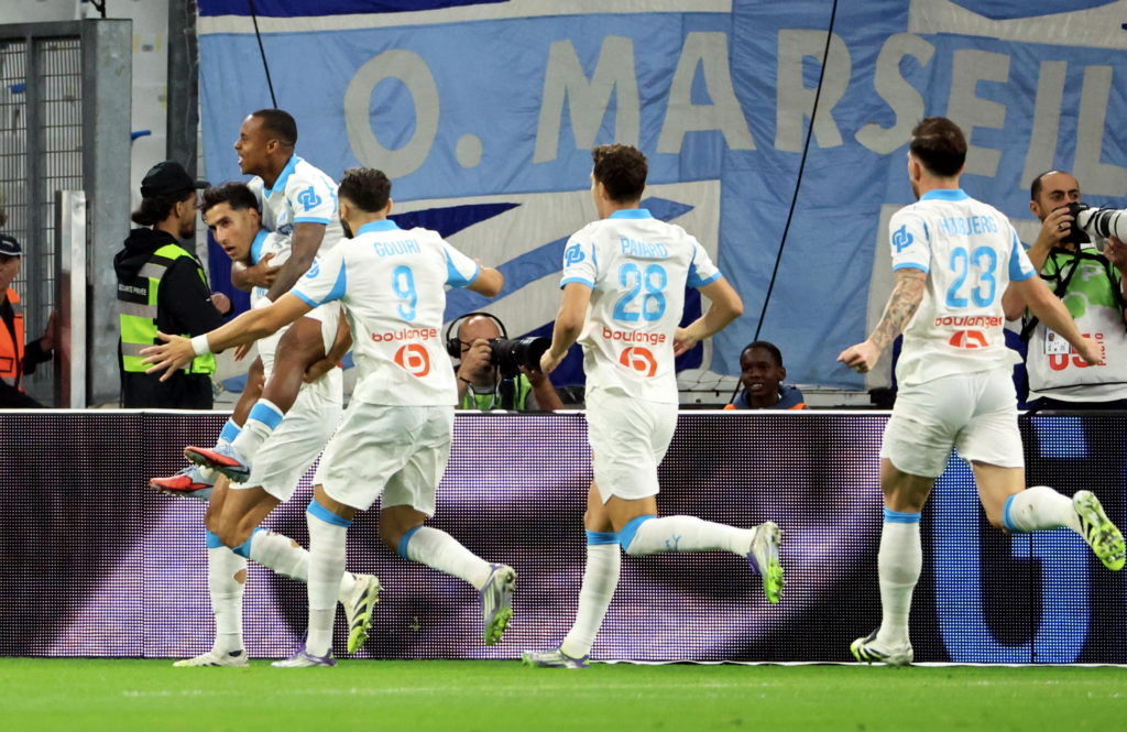 Nayef Aguerd celebrates after scoring the winner for Marseille against Paris Saint-Germain