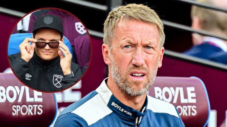 Main image, Manager Graham Potter, the manager of West Ham, looks on during the Premier League match between West Ham United and Tottenham Hotspur ...