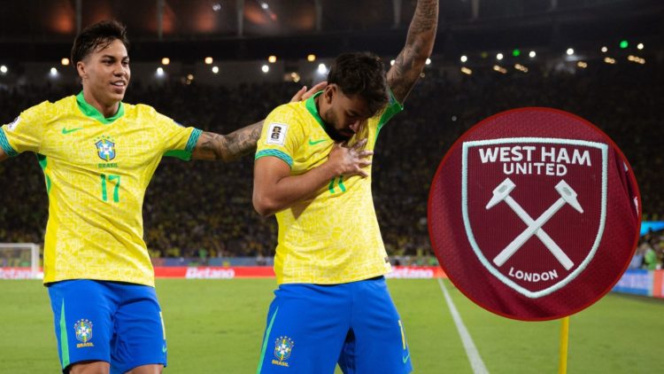 Main image, Lucas Paqueta of Brazil (R) celebrates with Kaio Jorge of Brazil (L) after scoring the team's second goal during the South American FIF...