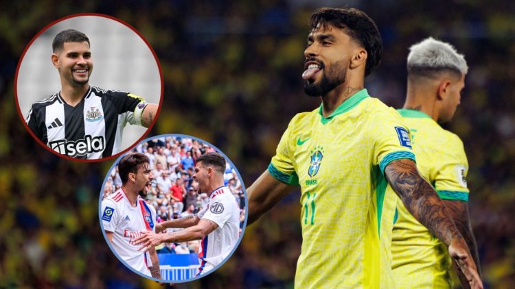 Main image, Lucas Paquetá of Brazil celebrates after scoring his team's second goal during the FIFA World Cup 2026 South American Qualifier match b...