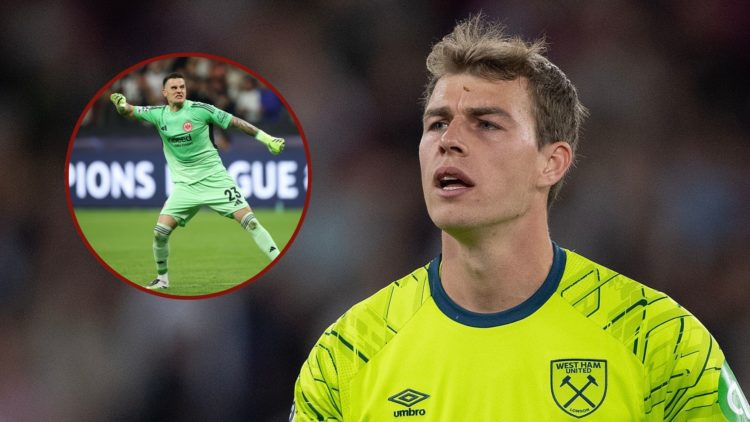 Main image, Mads Hermansen of West Ham United reacts after Niclas Füllkrug of West Ham United scores the second goal which is ruled out for an offs...
