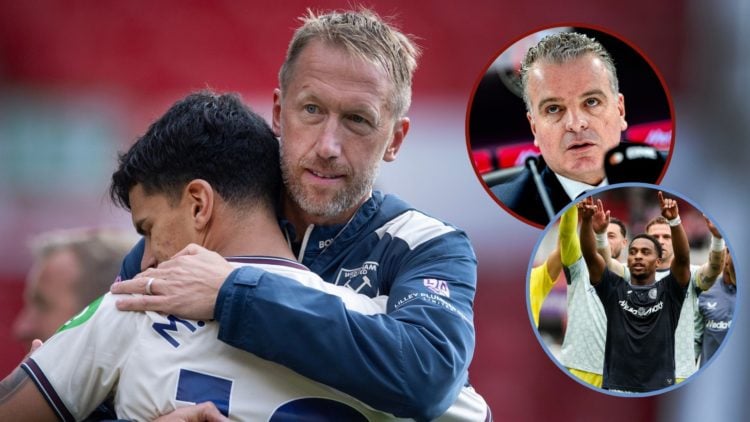 Main image, West Ham United manager Graham Potter embraces Mateus Fernandes after the Premier League match between Nottingham Forest and West Ham U...