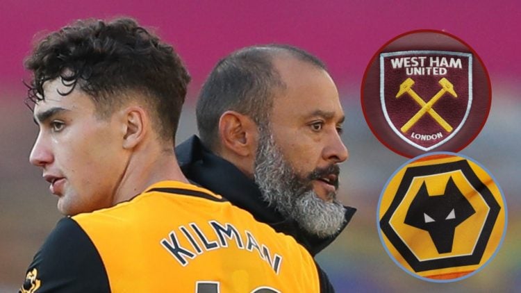 Main image, Nuno Espirito Santo the head coach / manager of Wolverhampton Wanderers and Max Kilman of Wolverhampton Wanderers at full time during t...