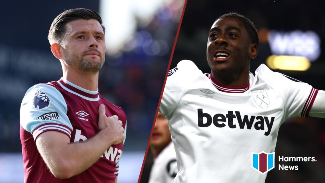 Split image showing Aaron Cresswell and Divin Mubama playing for West Ham United