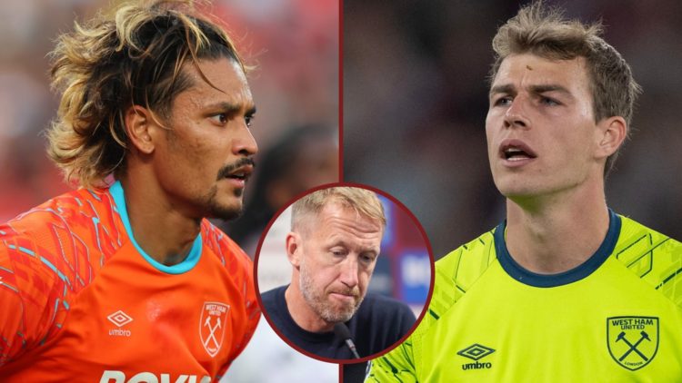 Split image showing West Ham United goalkeepers Alphonse Areola and Mads Hermansen, plus head coach Graham Potter