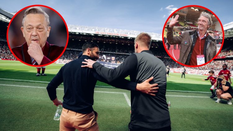 Manchester United boss Ruben Amorim embraces Graham Potter before a game against West Ham at Old Trafford