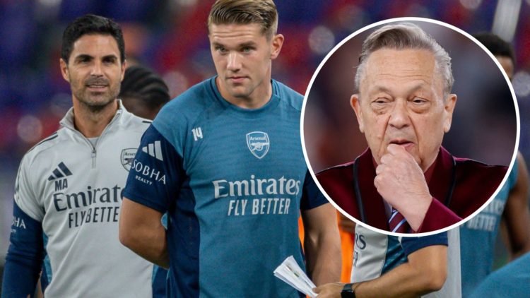 Arsenal boss Mikel Arteta with striker Viktor Gyokeres. Inset, West Ham majority owner David Sullivan contemplates
