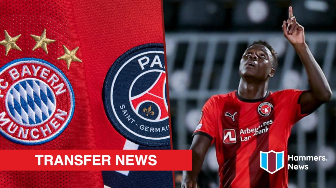 Split image showing the Bayern Munich and PSG badges, plus FC Midtjylland striker Franculino Dju