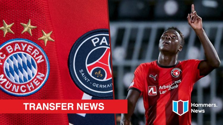 Split image showing the Bayern Munich and PSG badges, plus FC Midtjylland striker Franculino Dju