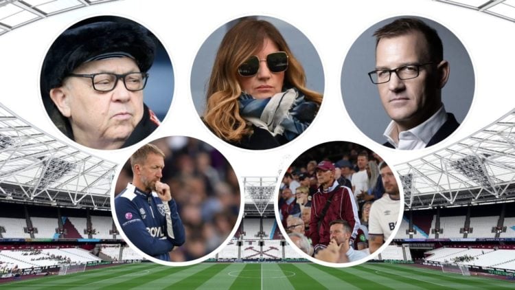 Inside West Ham's London Stadium. Inset, West Ham co-owners David Sullivan and Daniel Kretinsky, vice-chair Karren Brady, manager Graham Potter and...