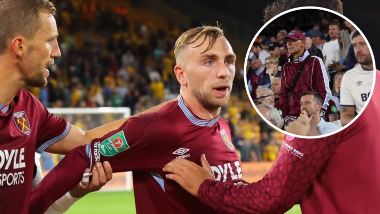 West Ham captain Jarrod Bowen confronts a fan in the crowd. Inset, West Ham fans