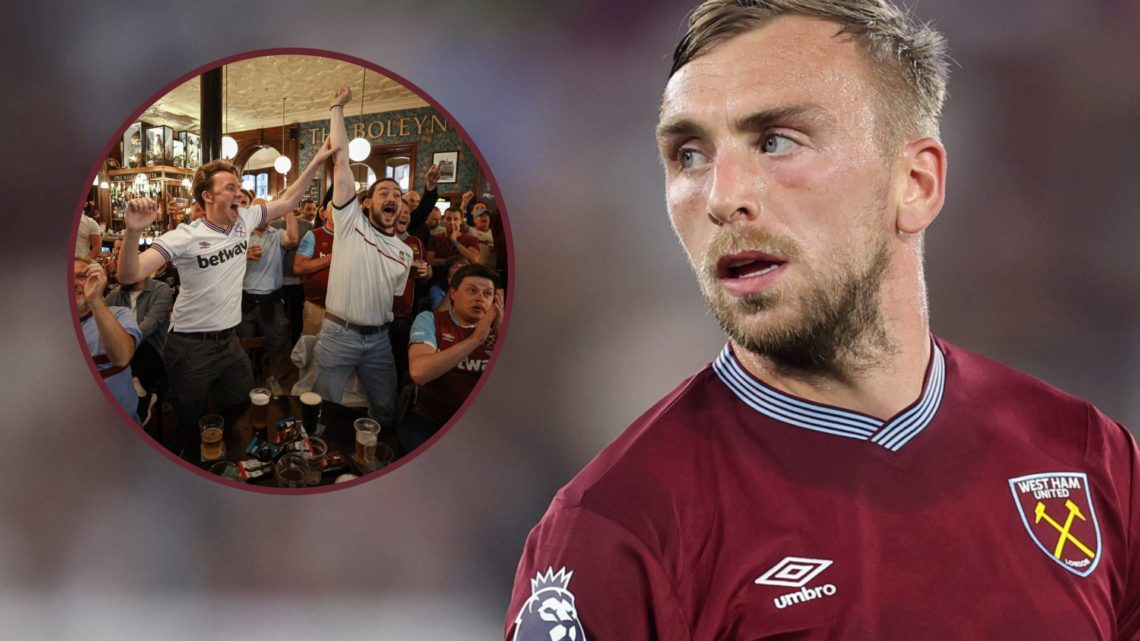 West Ham captain Jarrod Bowen looks dejected on the pitch. Inset, Hammers fans celebrate in the Boleyn pub