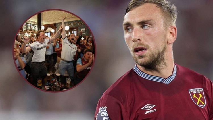 West Ham captain Jarrod Bowen looks dejected on the pitch. Inset, Hammers fans celebrate in the Boleyn pub