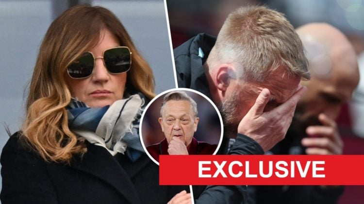 West Ham vice-chair Karren Brady watches on from the director's box and a dejected Graham Potter holds his hand to his face. Inset, Hammers chief D...