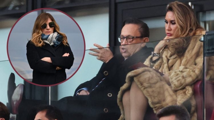 West Ham majority owner David Sullivan watches from his London Stadium director's box. Inset, Hammers vice-chair Karren Brady