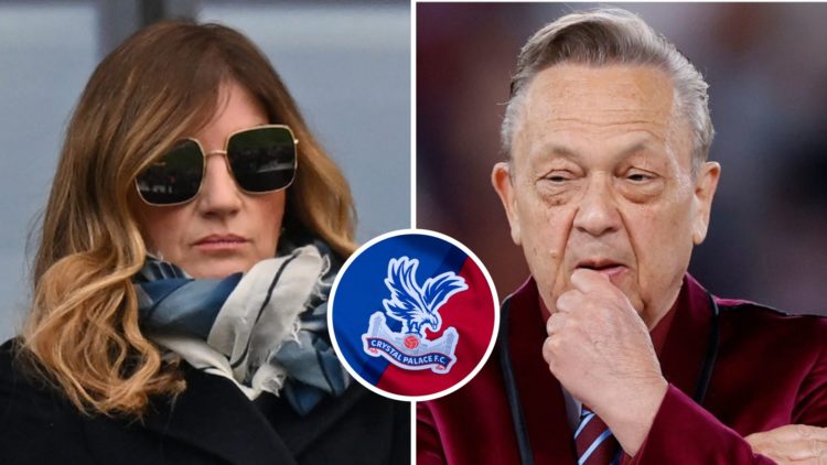 West Ham vice-chair Karren Brady and majority owner David Sullivan. Inset the Crystal Palace badge