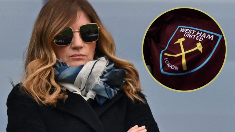 West Ham vice-chair Karren Brady watches on from the stands at the London Stadium. Inset, the Hammers badge on a corner flag