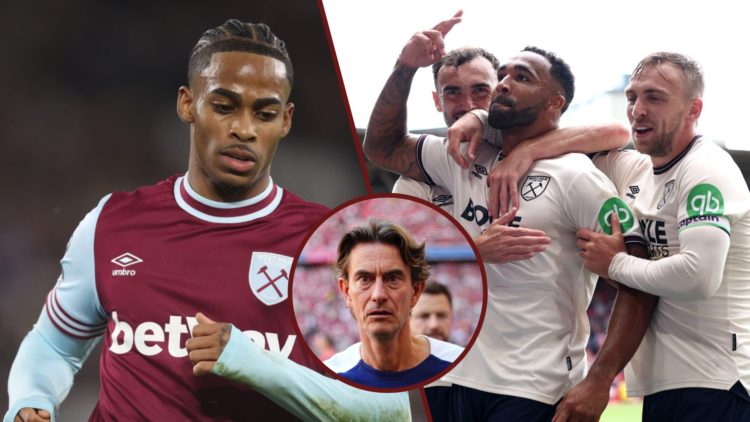 Split image showing Crysencio Summerville and Callum Wilson playing for West Ham United, and Tottenham Hotspur coach Thomas Frank