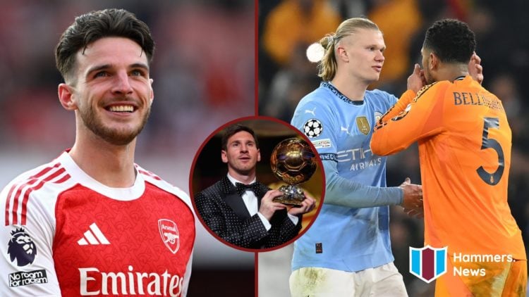 Split image showing Arsenal's Declan Rice, Manchester City's Erling Haaland, Real Madrid's Jude Bellingham and Lionel Messi with the Ballon D'Or tr...