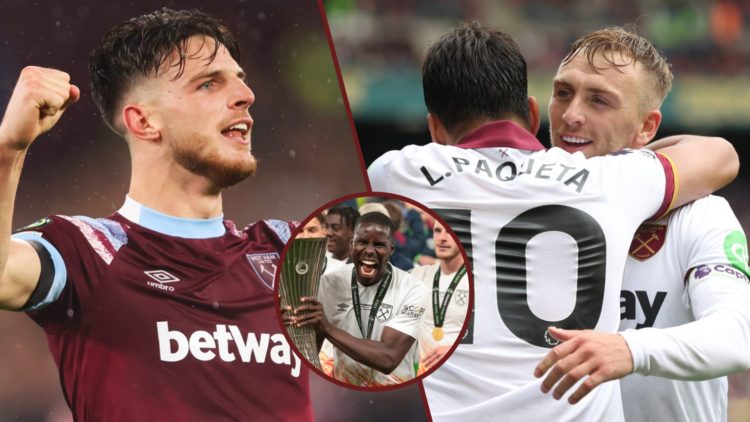 Split image showing Declan Rice, Lucas Paqueta, Jarrod Bowen and Kurt Zouma all representing West Ham United