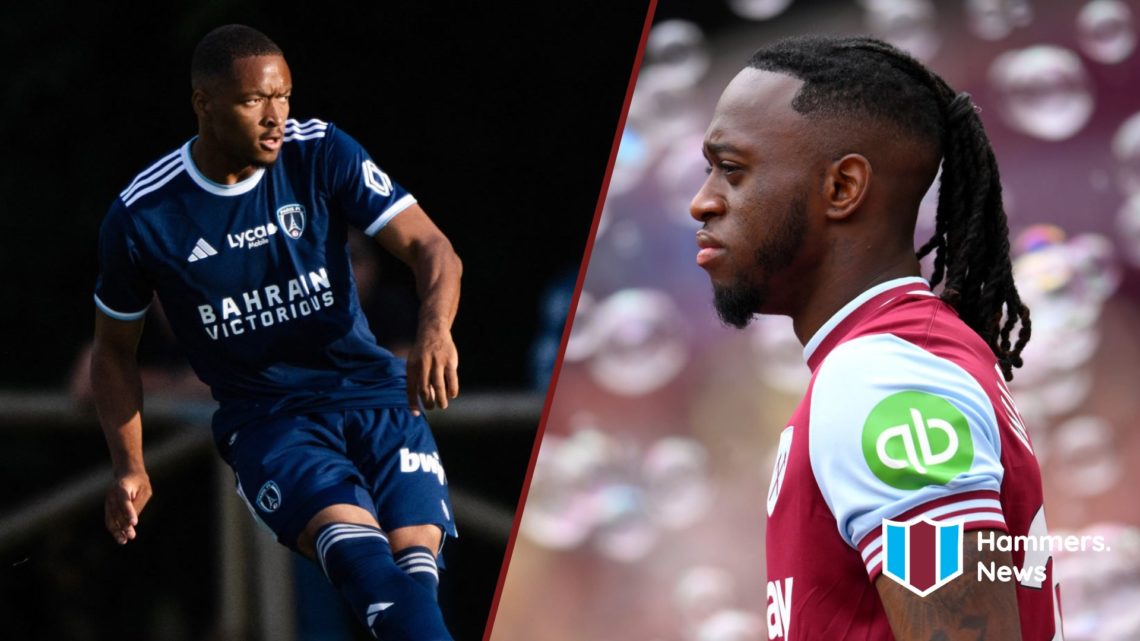 Split image showing Dimitri Colau playing for Paris FC and West Ham United's Aaron Wan-Bissaka