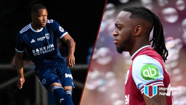 Split image showing Dimitri Colau playing for Paris FC and West Ham United's Aaron Wan-Bissaka