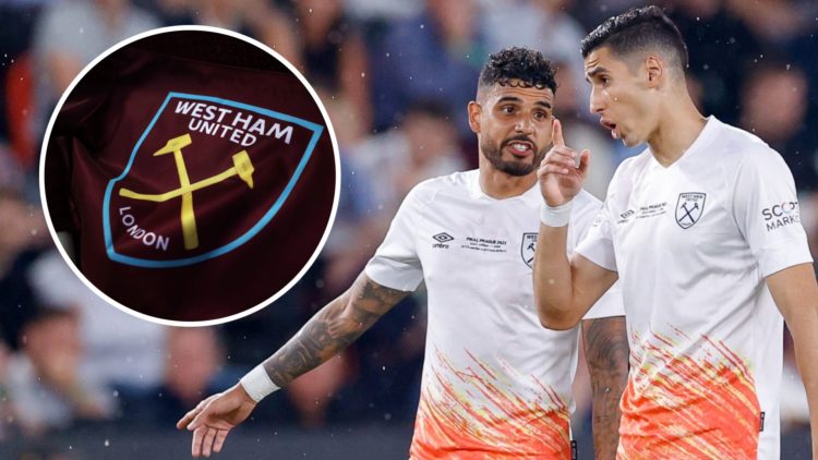 Emerson Palmieri and Nayef Aguerd speak during West Ham's Europa Conference League final victory over Fiorentina