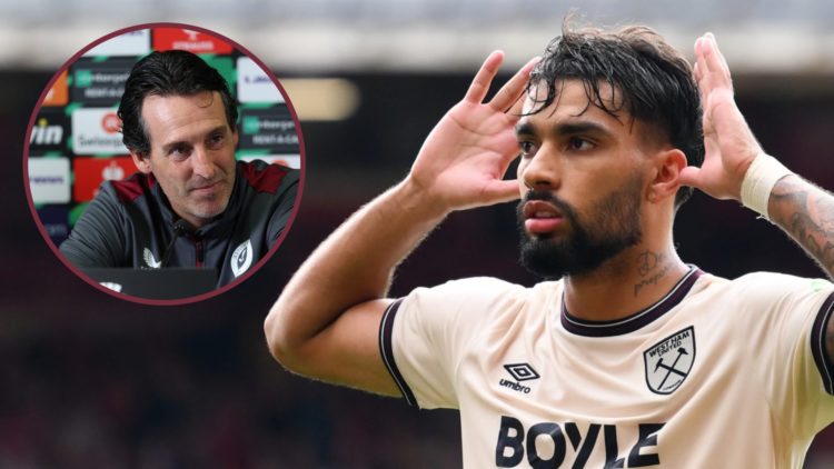 West Ham star Lucas Paqueta cups his ears to the crowd. Inset, Aston Villa boss Unai Emery in a press conference