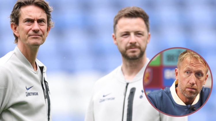 Tottenham Hotspur boss Thomas Frank and coach Matt Wells. Inset, West Ham head coach Graham Potter