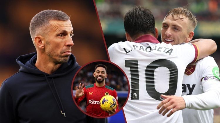 Split image showing former Wolves coach Gary O'Neil, West Ham United teammates Lucas Paqueta and Jarrod Bowen, plus Matheus Cunha scoring a hat-tri...