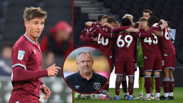 Split image showing George Earthy, Mark Robson and the West Ham United Under-21s before the EFL Trophy victory over MK Dons