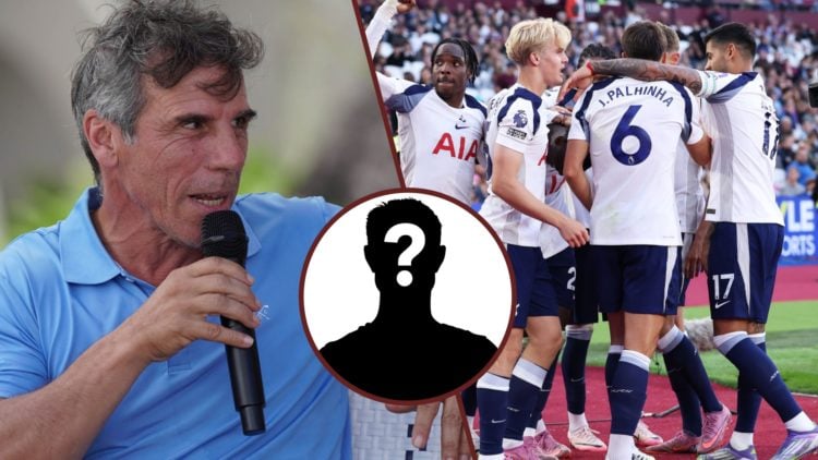 Split image showing former West Ham United coach Gianfranco Zola and the Tottenham Hotspur players celebrating at the London Stadium