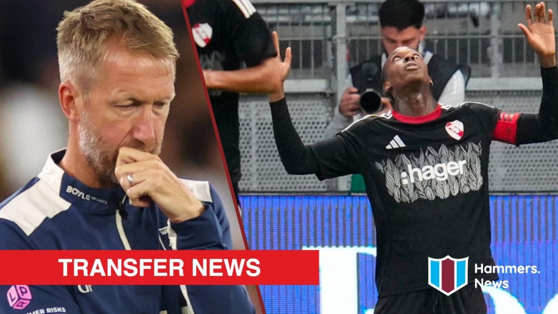 Split image showing West Ham United coach Graham Potter and Strasbourg striker Emmanuel Emegha