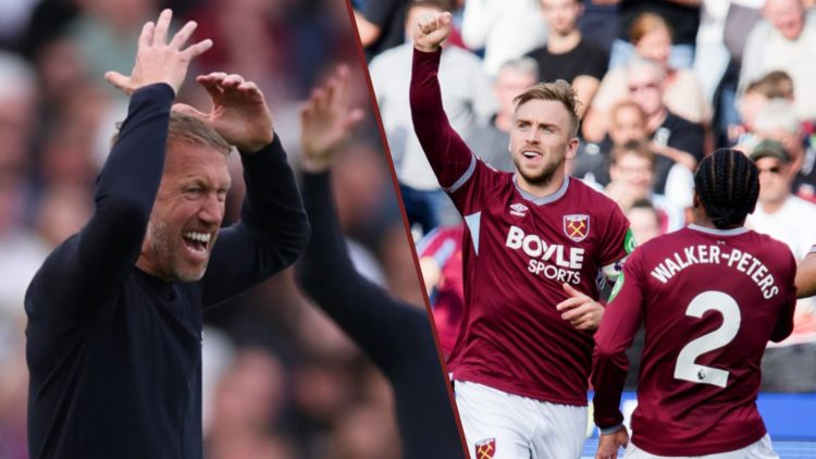 Split image showing West Ham United coach Graham Potter, plus Jarrod Bowen and Kyle Walker-Peters playing against Crystal Palace