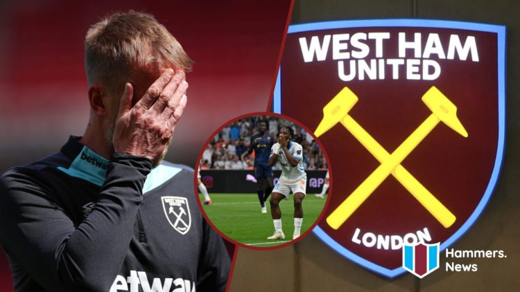 Split image showing Graham Potter, the West Ham United badge outside the London Stadium, and Elye Wahi playing for Marseille