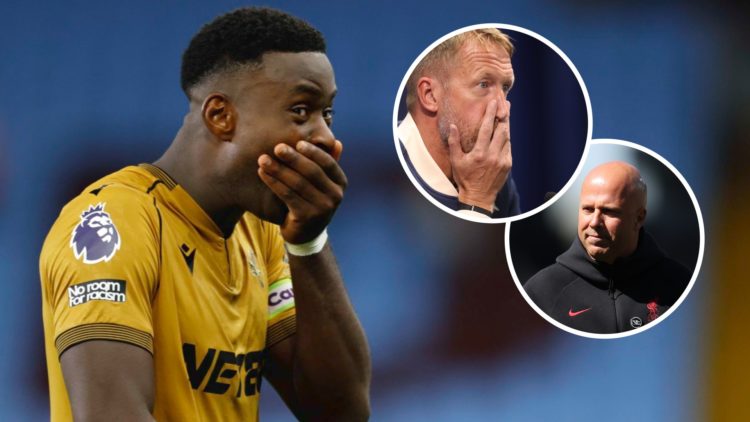 Crystal Palace star Marc Guehi saw a move to Liverpool collapse. Inset, West Ham boss Graham Potter and Liverpool manager Arne Slot
