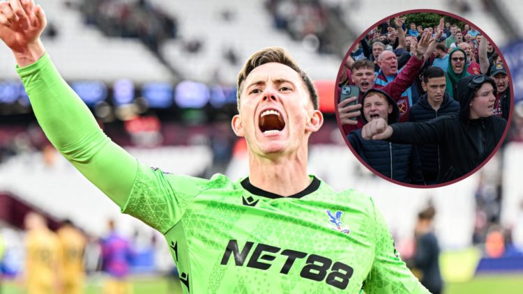 Crystal Palace goalkeeper Dean Henderson celebrates after beating West Ham. Inset, Hammers fans at the protest