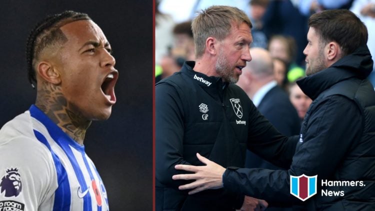 Split image showing Igor Julio playing for Brighton, and West Ham United coach Graham Potter speaking to Fabian Hurzeler