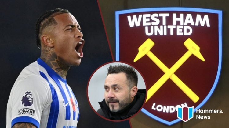 Split image showing Igor Julio and Roberto de Zerbi at Brighton, and the West Ham United badge outside the London Stadium