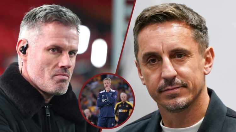 Split image showing Liverpool legend Jamie Carragher, Manchester United icon Gary Neville, and West Ham United coach Graham Potter
