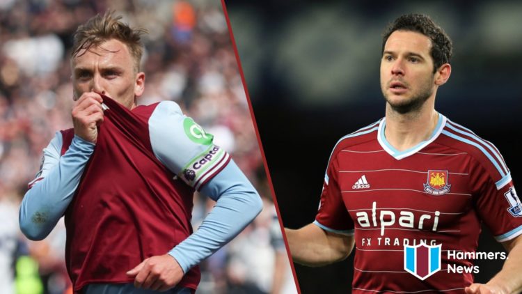 Split image showing Jarrod Bowen and Matt Jarvis playing for West Ham United